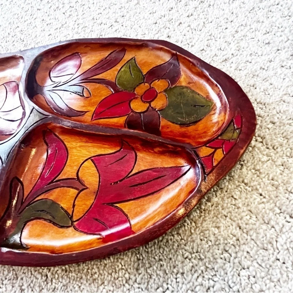Vintage Mid Century Wooden Serving Tray Platter Boho Exotic Wood Divided Carved